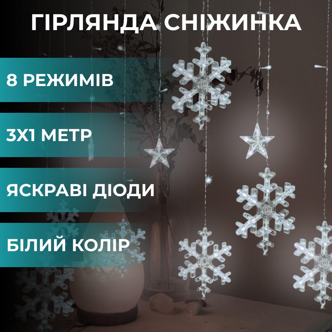 Гирлянда-штора светодиодная GarlandoPro снежинка и звезда 12 фигур 3х1 м Белый - фото 5