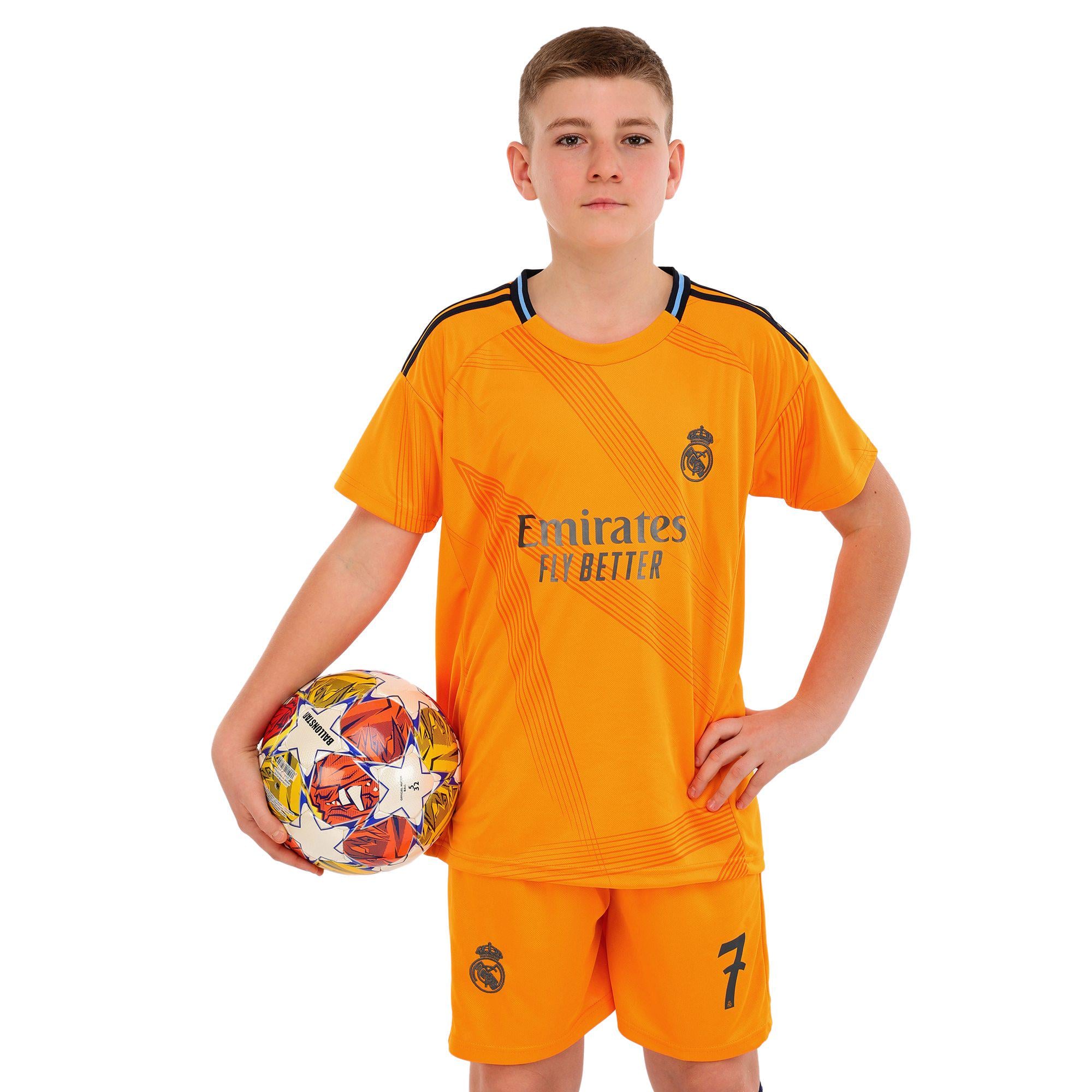 Форма футбольная детская с символикой футбольного клуба REAL MADRID гостевая 2025 SP-Sport VINI JR №7 р. 26 Оранжевый (CO-4644_Оранжевый_26,_рост_14)