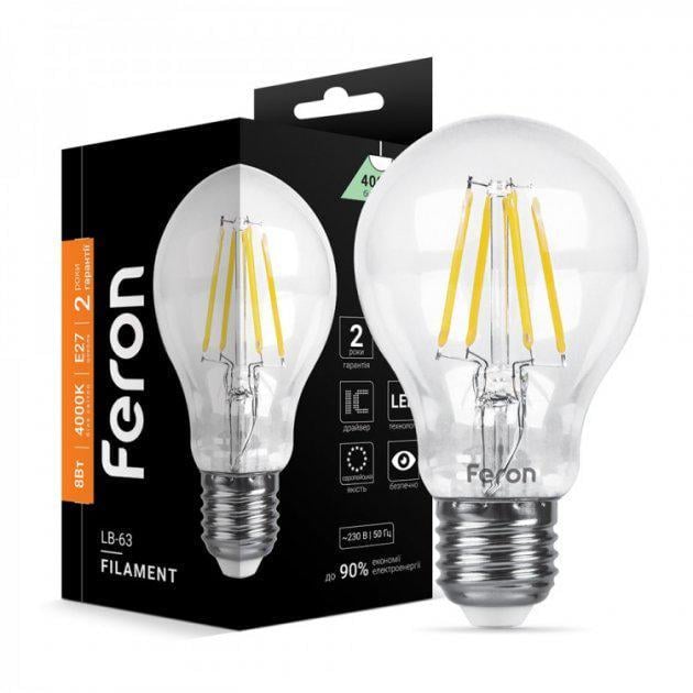 Лампа світлодіодна Feron Filament LB-63 A60 8W E27 4000K (27844356)