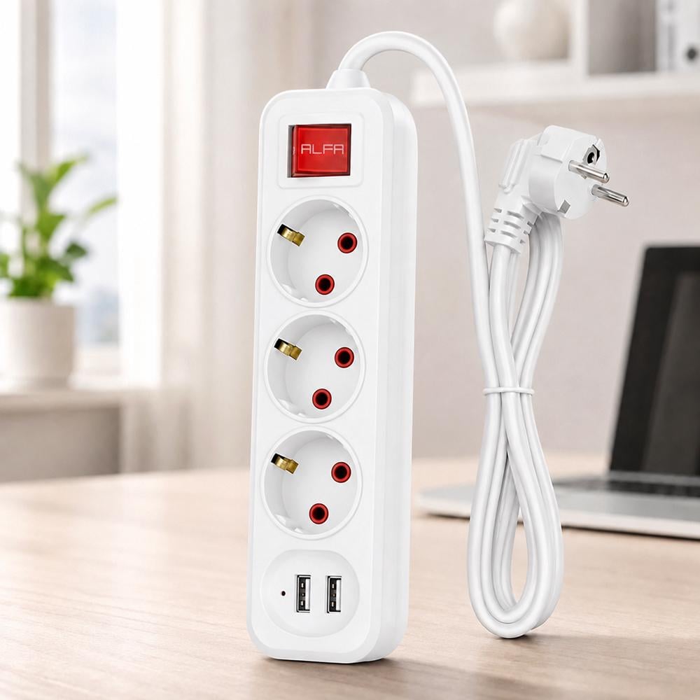 Сетевой фильтр на 3 розетки 3 м 2 USB с выключателем Белый