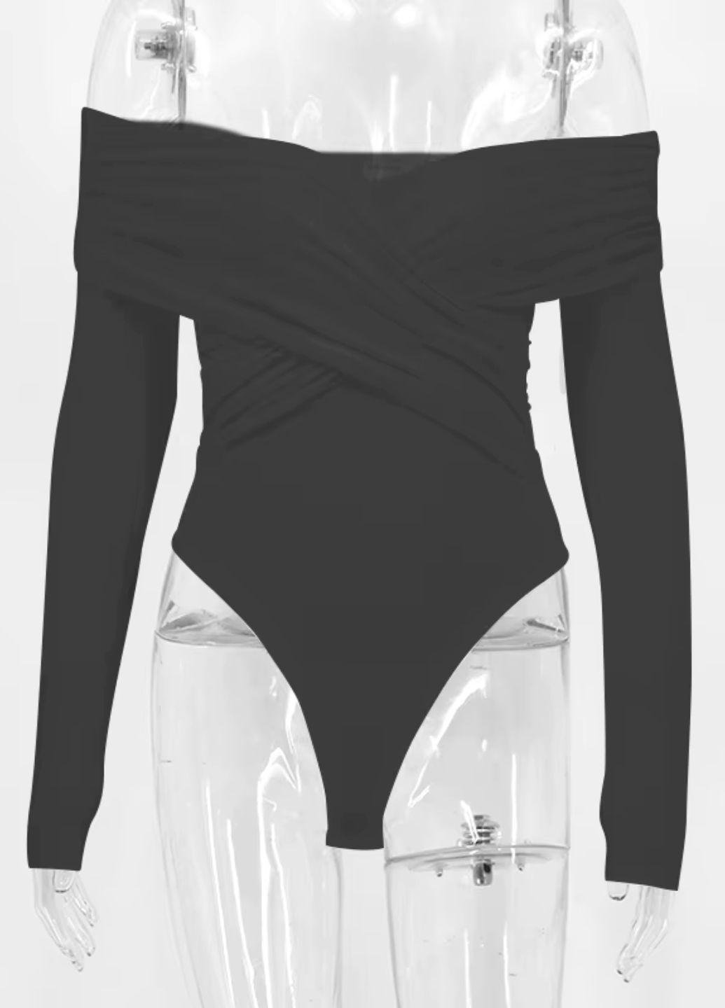 Боди женский с открытыми плечами и драпировкой однотонный 16087 L Черный - фото 10