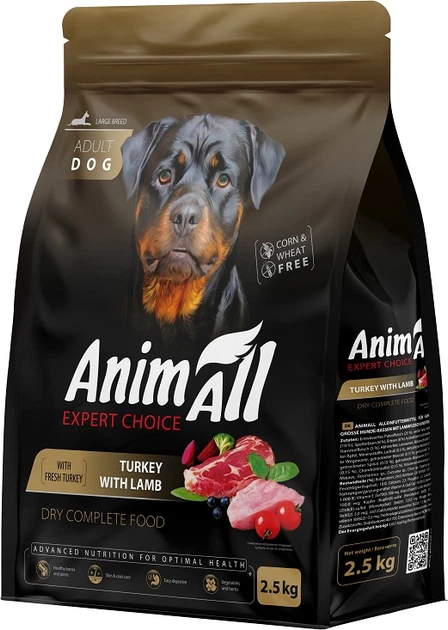 Корм сухой полнорационный AnimAll для собак больших пород с индейкой и ягненком 2,5 кг (178610)
