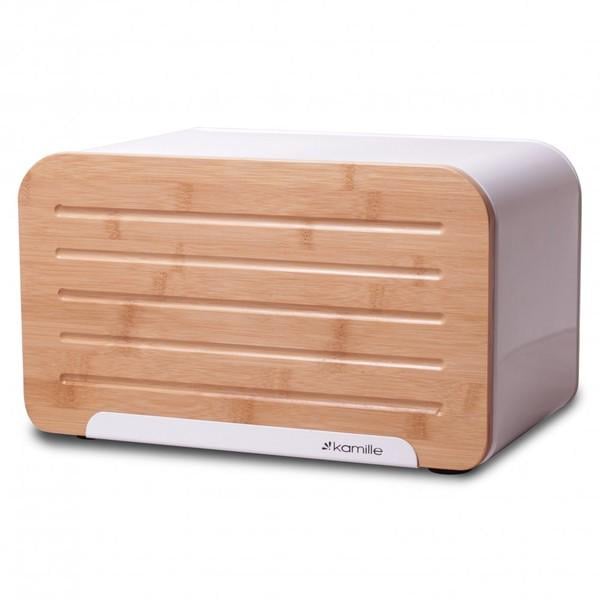 Хлебница с бамбуковой крышкой Kamille KM-1107 из нержавеющей стали 35х20х21,5 см Белый (150-84-1107.1)