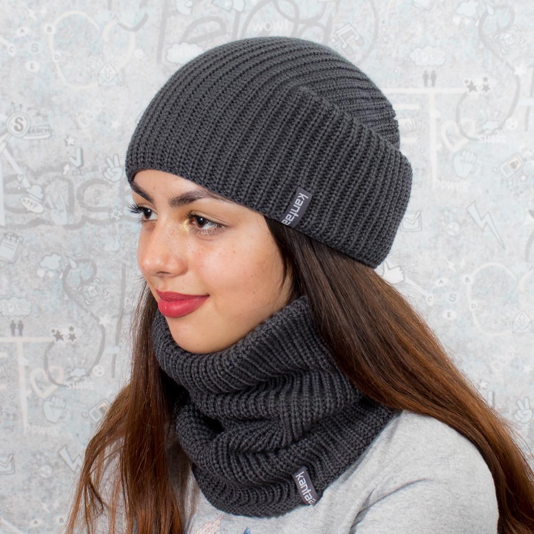 Комплект вязаный КАНТА MOD 8 шапка и снуд на флисе унисекс Темно-серый (OC-084)