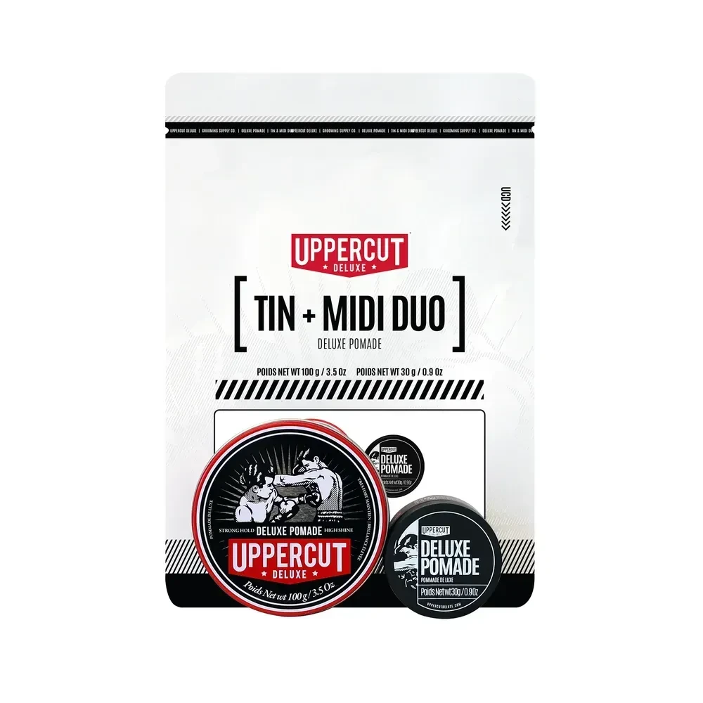 Подарунковий набір для укладання волосся, Uppercut Deluxe Tin & Midi Duo Deluxe Pomade сильна фіксація 100 г + 30 г