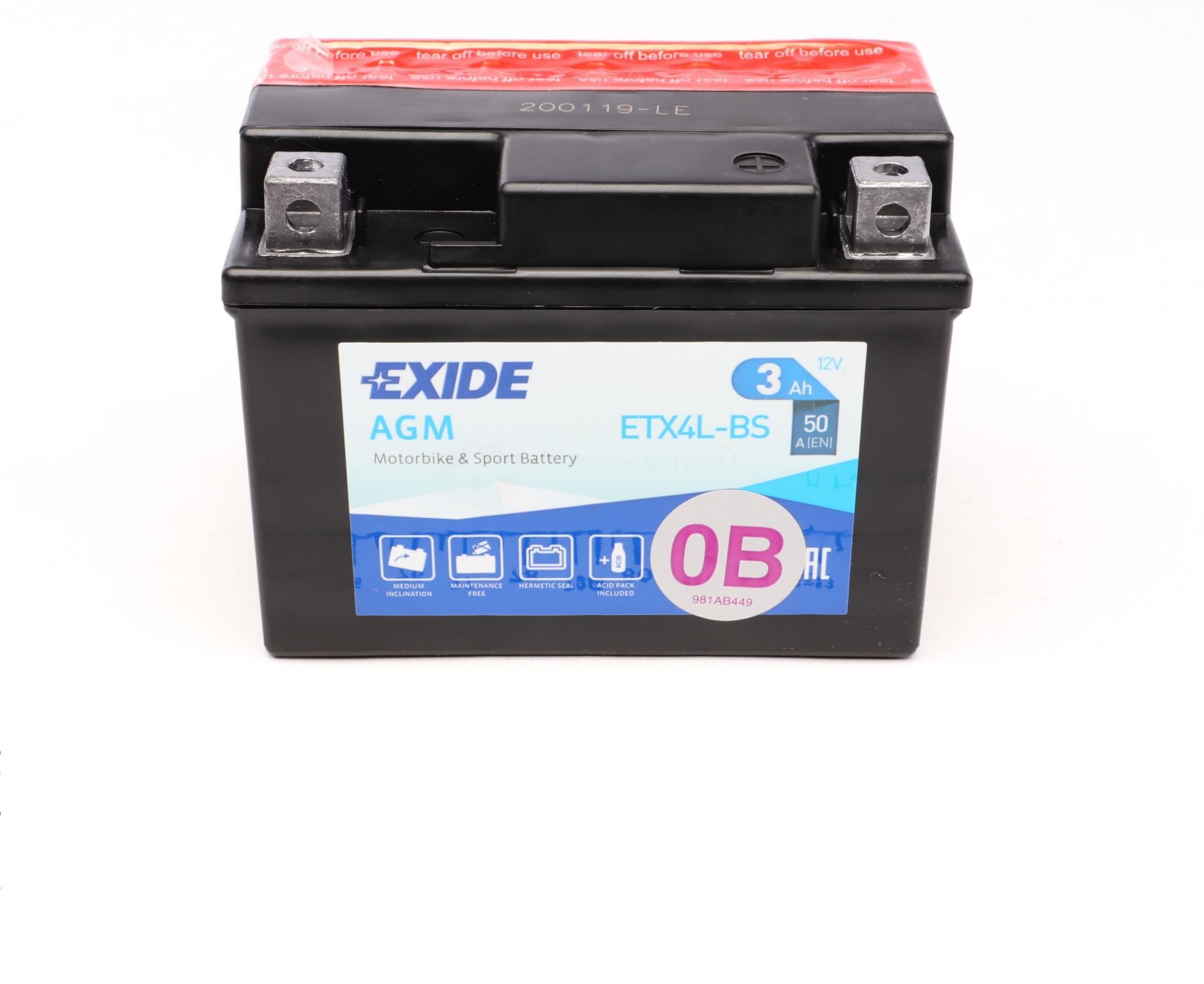 Аккумулятор EXIDE AGM R EN50 3 Ah-12V 113х70х85 мм (ETX4L-BS) Аккумулятор EXIDE AGM R EN50 3 Ah-12V 113х70х85 мм (ETX4L-BS)