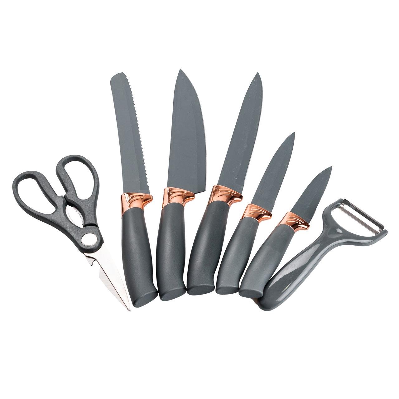 Набор кухонных ножей с ножницами и овощечисткой на подставке 5 штук Черный - фото 9