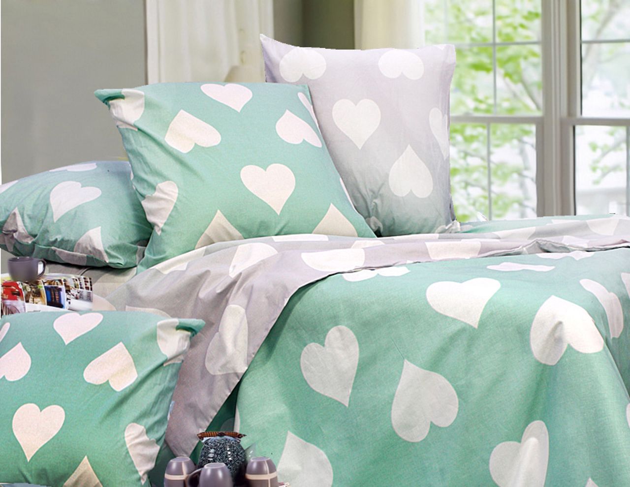 Комплект постельного белья евро Еней-плюс Т0696 Бирюзовый/Белый