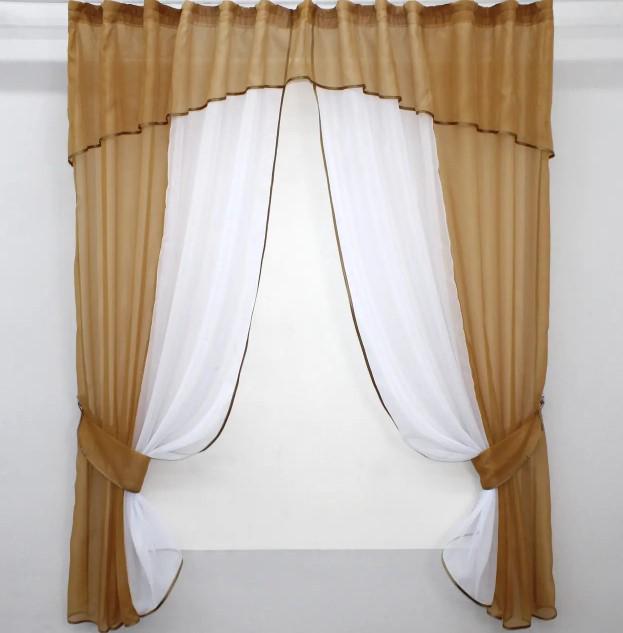 Комплект штор на кухню/балкон с ламбрекеном 280х170 см Кофейный/Белый (090к) Комплект штор на кухню/балкон с ламбрекеном 280х170 см Кофейный/Белый (090к)