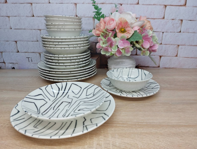 Сервиз столовый OMS TULU Абстракция фарфора 6 персон 24 пр. Черно-белый (KL24-Picasso)