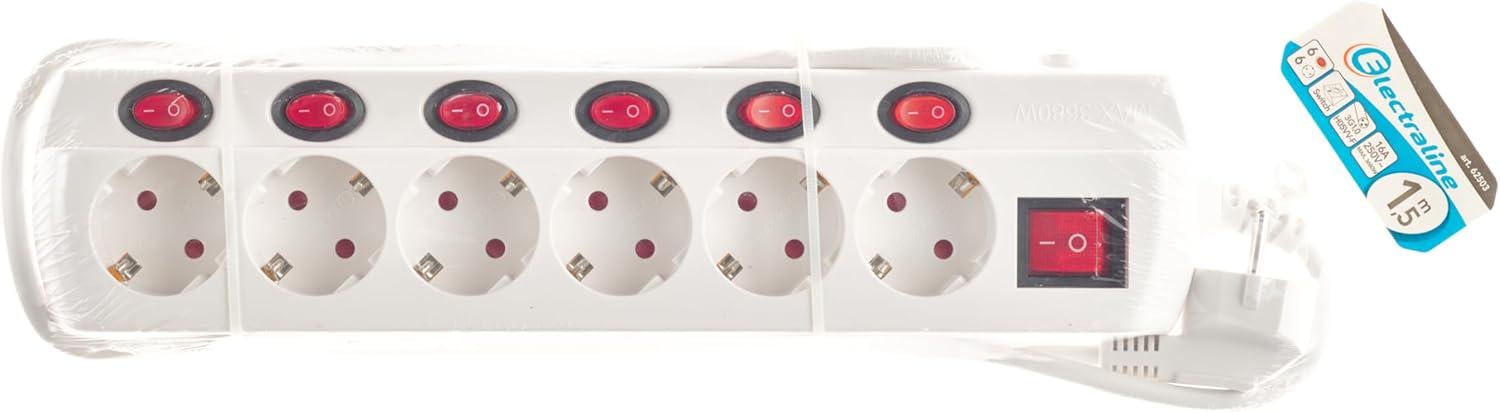 Удлинитель Electraline с защитой с заземлением 6 розеток 1,5 м 16A Индивидуальные выключатели 3х1 мм² Белый - фото 2