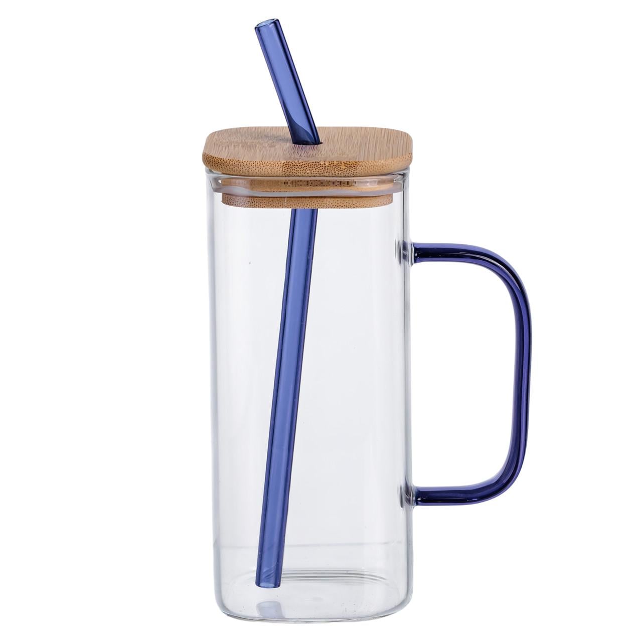 Кружка стеклянная Light House LG-30162 CL/BL с крышкой и голубой трубочкой 400 мл Прозрачный