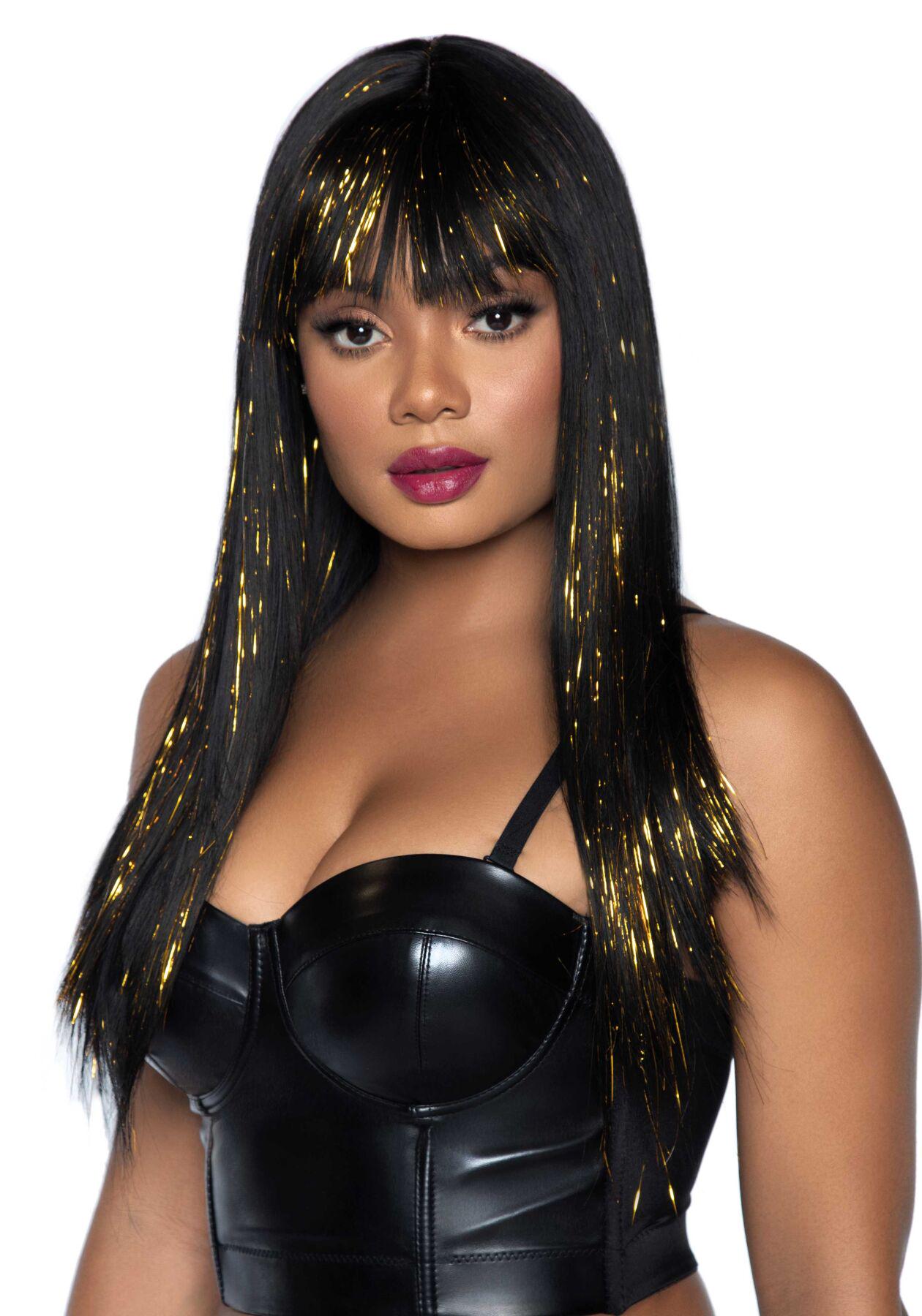 Перука Leg Avenue Long bang wig with tinsel із золотими пасмами 60 см Чорний (SO7940) - фото 1