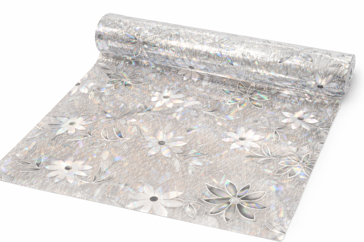 Мягкое стекло ПВХ 60×150 см с голографическим цветочным узором (X002D)