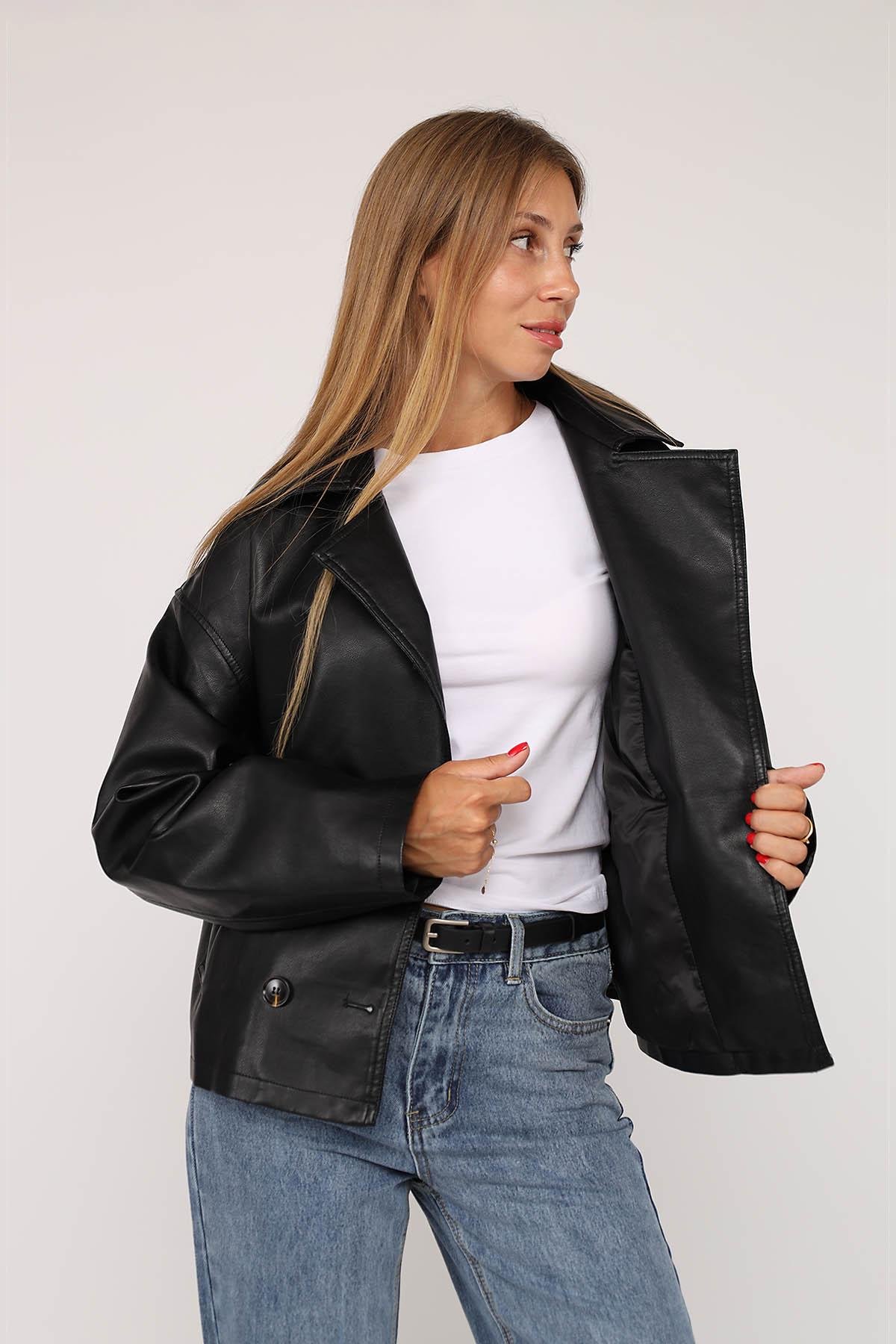 Куртка женская из эко-кожи ЦБ-00278214 р. 44 Черный (28422110) - фото 5 Куртка женская из эко-кожи ЦБ-00278214 р. 44 Черный (28422110) - фото 5