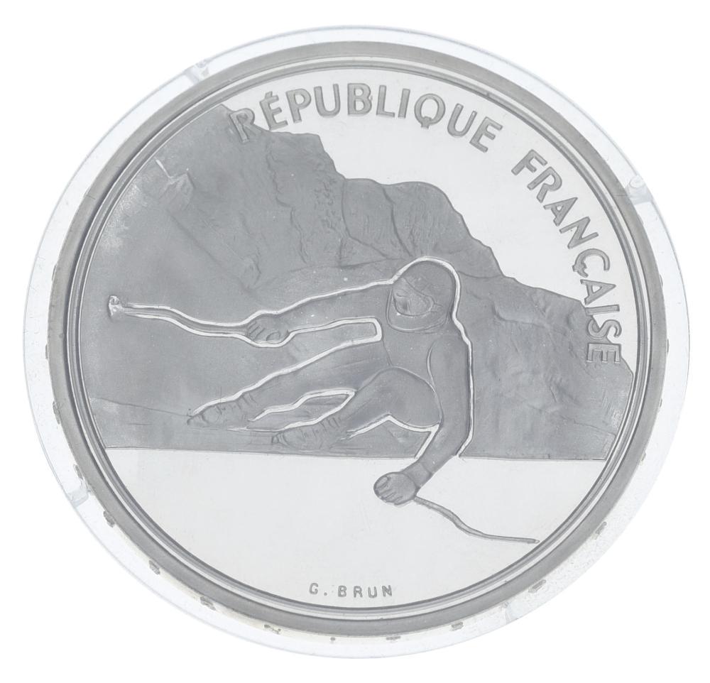 Коллекционная монета Франция 100 франков 1989 года Серебро Proof XVI Зимние Олимпийские игры 1992 года в Альбервилле-Горнолыжный спорт (М23296)