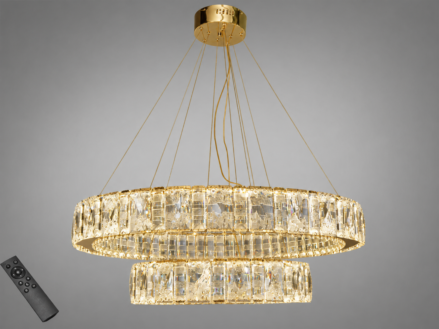 Люстра подвесная LED Diasha хрусталь 2 кольца/пульт 135 Вт Золотой (585/800+500G)