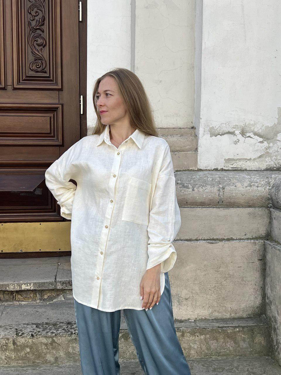 Сорочка подовжена VSlatinina оверсайз з натурального льону М Молочний (01234567830) - фото 3