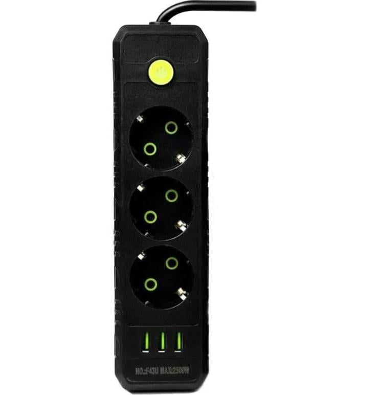 Удлинитель UA Power F43U 3USB на 3 розетки 6 м Черный (021743)