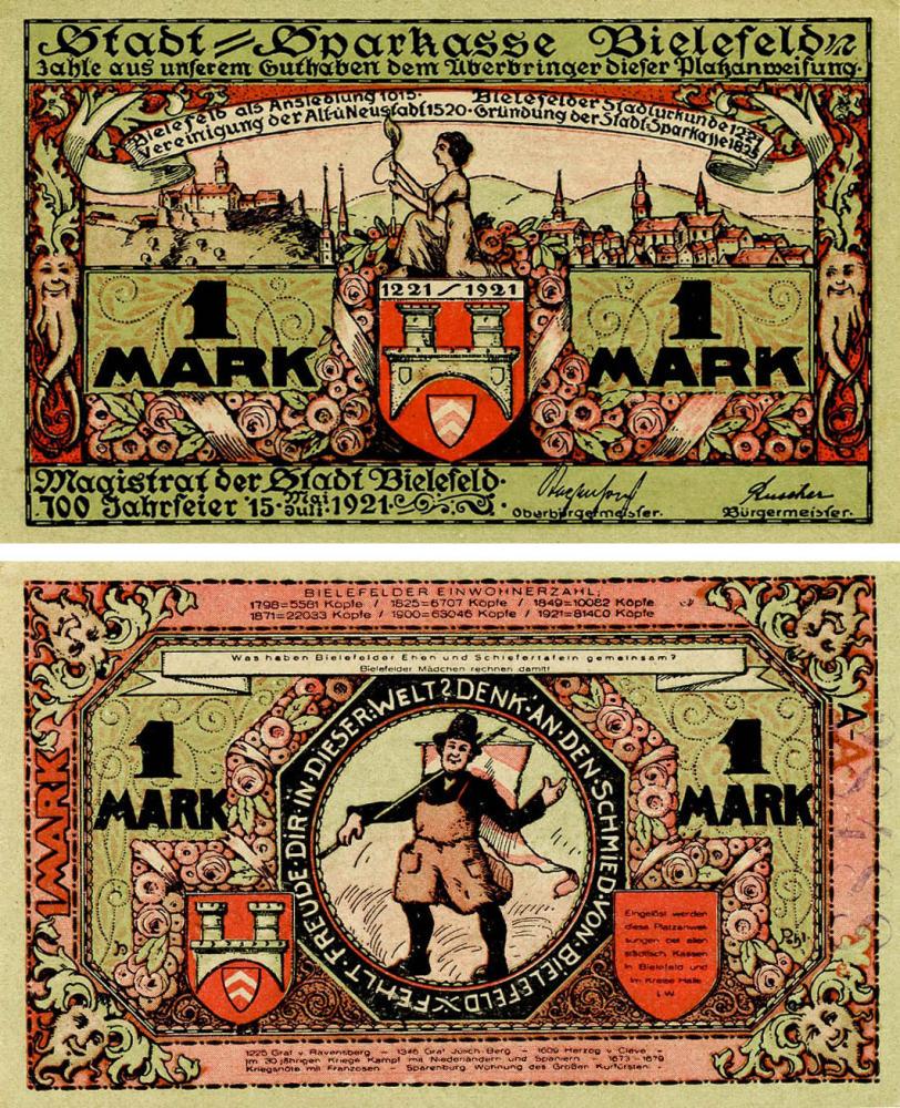 Колекційна банкнота Німеччина Нотгельд 1 марка 1921 F-VF Білефельд (Б18386)