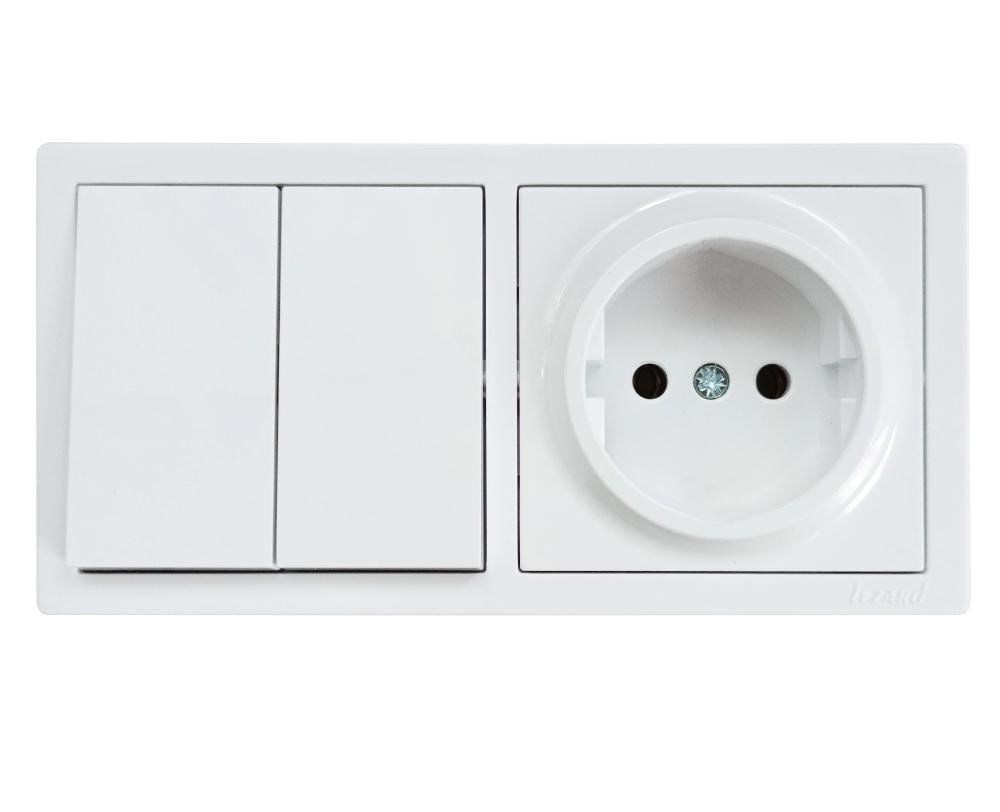 Выключатель двухклавишный Lezard с одинарной розеткой б/у 752-0200-170BVP LETO Белый (27486972)