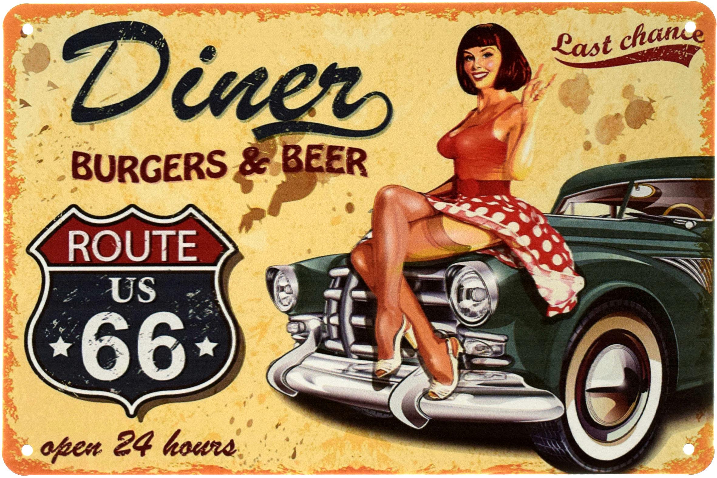 Табличка металлическая Бургеры И Пиво/Burgers & Beer Route Us 66 20x30 см