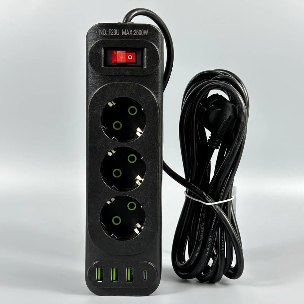 Удлинитель сетевой переноска 6м на 3 розетки з 3USB/Type-C UA Power F43U Черный (F23U 3r-3usb+Type-C-6m)