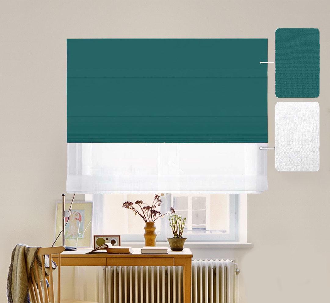 Римская штора двойная День-Ночь ТВІН Classic InHt Джуси велюр 7430 и тюль Air лен 180х170 см Темно-бирюзовый/Белоснежный