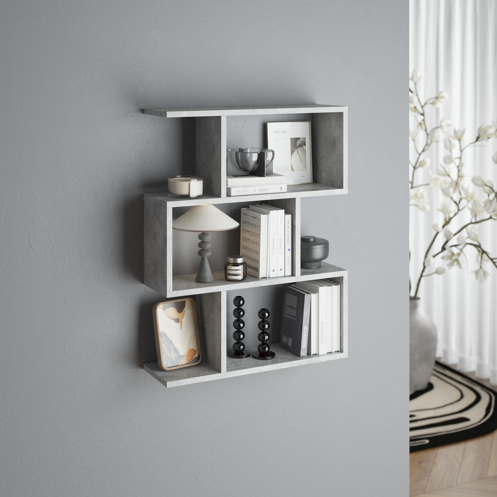 Полиця навісна для книг та декору на три секції з ламінованого ДСП 600x780x180 мм Бетон (hm-50-bt)