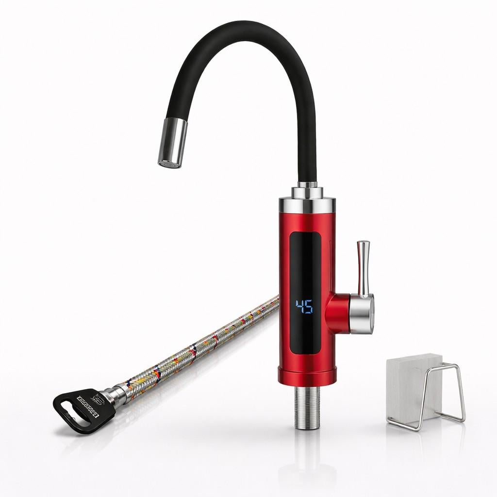 Проточный водонагреватель Wezer SDR-G16T Red 3,3 кВт для кухни/гибкое поворотное излияние/дисплей температуры/подводка 60 см/держатель