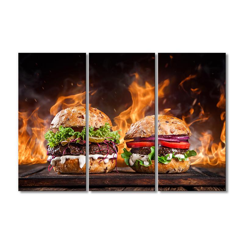 Картина модульная Бургеры в огне 3 модуля 60x90 см