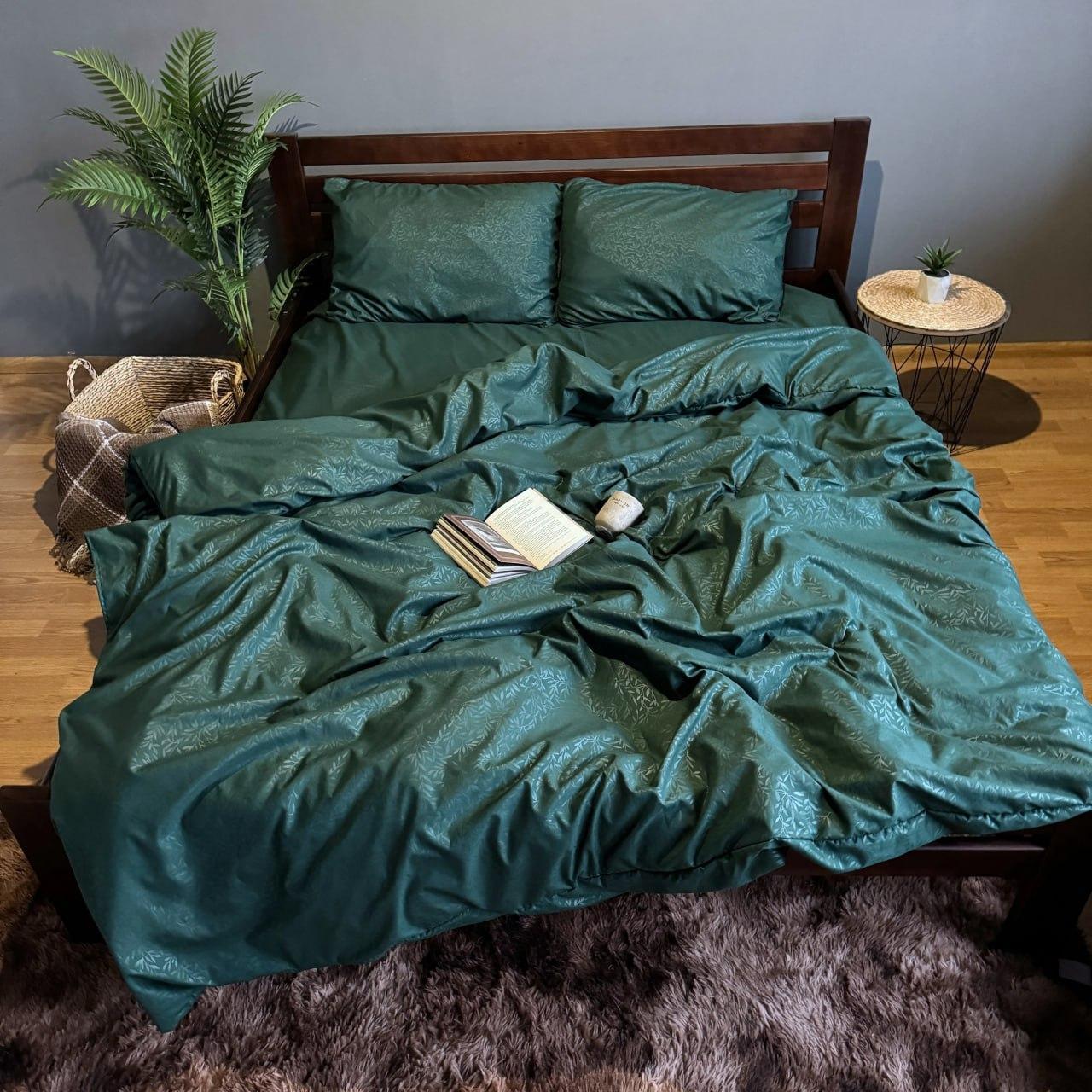 Комплект постільної білизни Гілочка однотонний полісатин простирадло на резинці євро 180x200х20/70х70 см Смарагдовий (29634330)