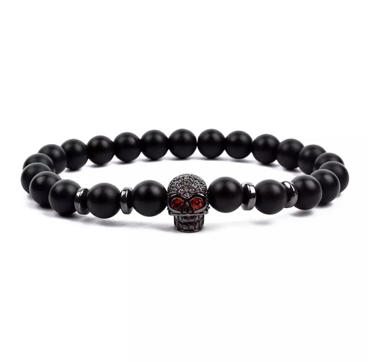 Браслет із шунгіту з черепом та дисками р. 15 (14025)