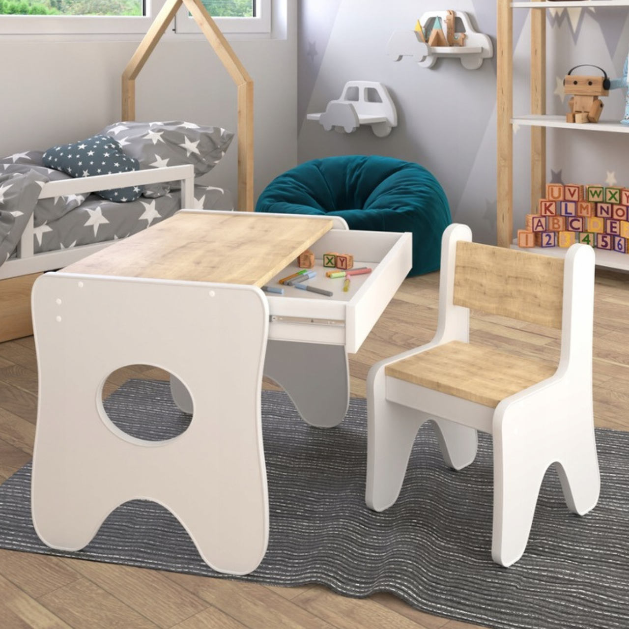 Набор детской мебели столик с ящиком и стульчик 70х45х51 см Белый с деревом