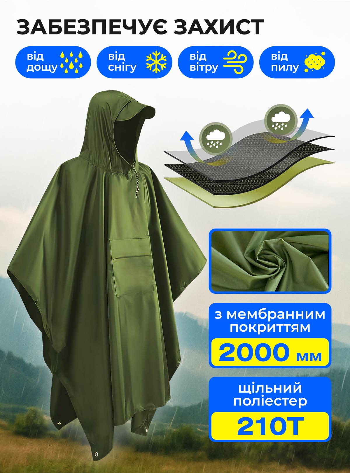 Дощовик пончо з чохлом OnePro та теплий флісовий бафф Хакі (73838) - фото 5 Дощовик пончо з чохлом OnePro та теплий флісовий бафф Хакі (73838) - фото 5
