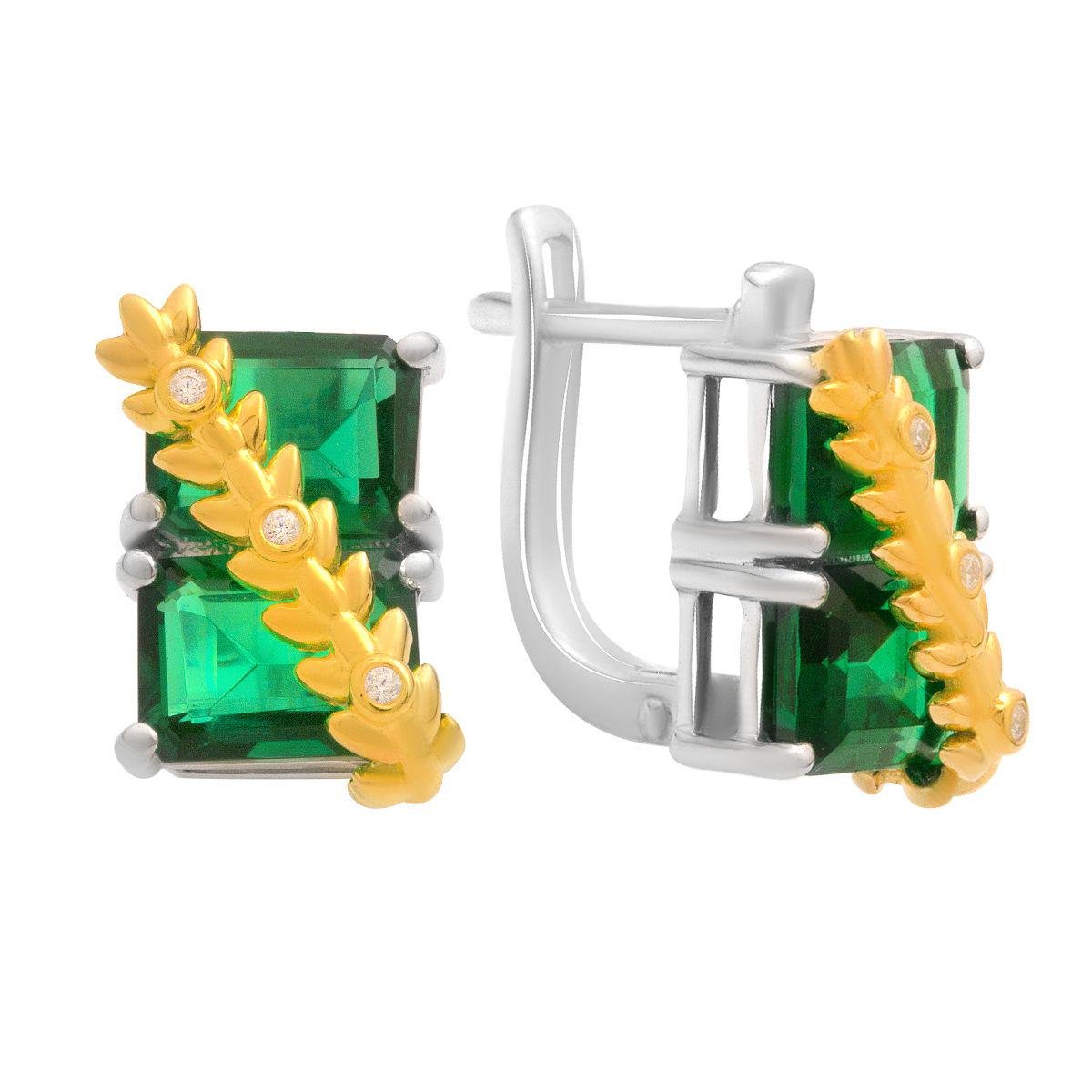 Серьги серебряные с изумрудом nano квадратной формы и позолоченными декоративными листьями Серьги серебряные с изумрудом nano квадратной формы и позолоченными декоративными листьями
