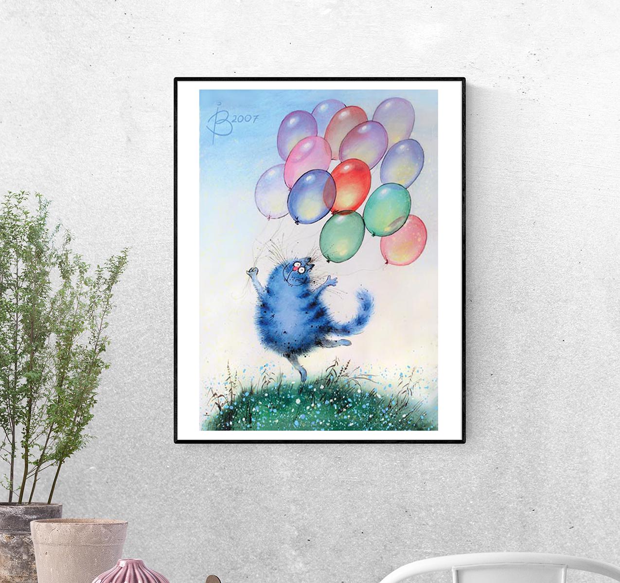 Постер Кот с воздушными шариками формат А-3