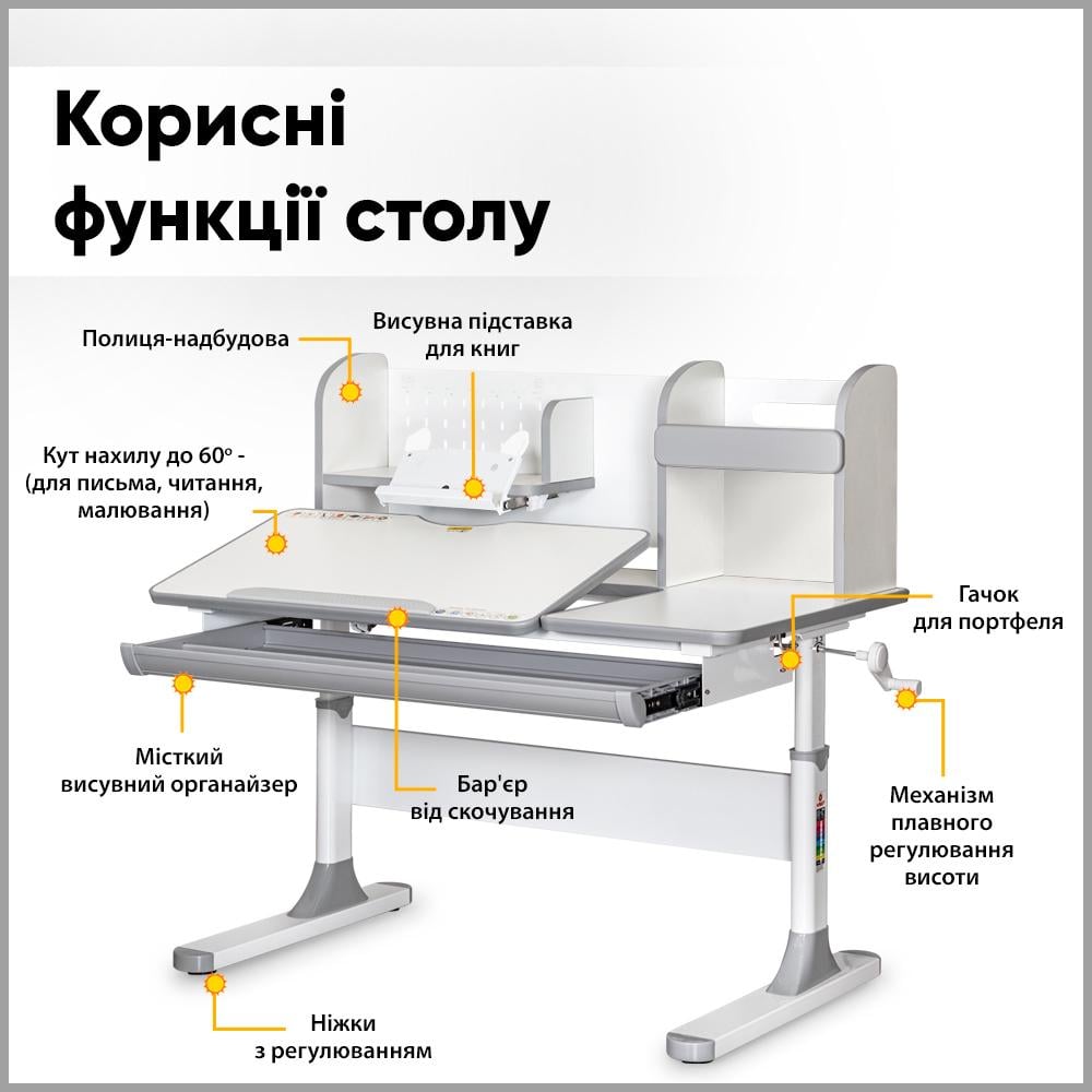 Парта трансформер ергономічна дитяча Mealux Vancouver з полицею Білий/Сірий (BD-620 W/G MC) - фото 3