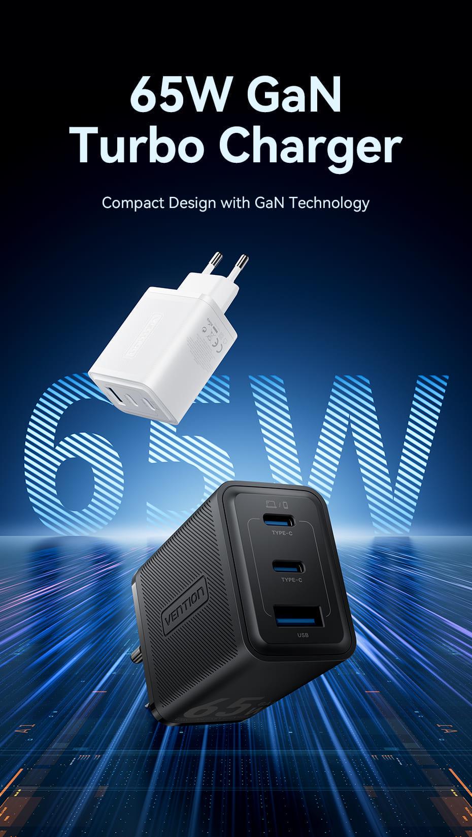 Зарядное устройство для Vention GaN III 2x Type-C/USB 65W 3-портовый A+2C быстрая зарядка Черный (FERB0-EU) - фото 2 Зарядное устройство для Vention GaN III 2x Type-C/USB 65W 3-портовый A+2C быстрая зарядка Черный (FERB0-EU) - фото 2