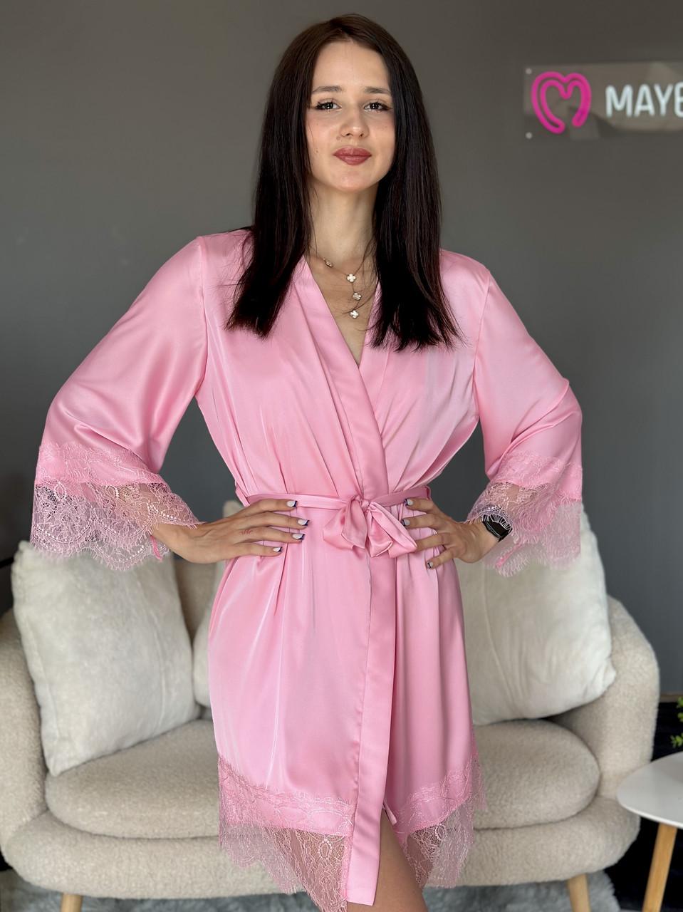 Халат женский шелковый с кружевом 2XL Розовый (2694797940) - фото 2 Халат женский шелковый с кружевом 2XL Розовый (2694797940) - фото 2
