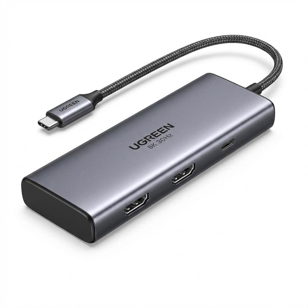 Хаб USB-C UGREEN CM498 2x HDMI PD 100 Вт Серый (15852)