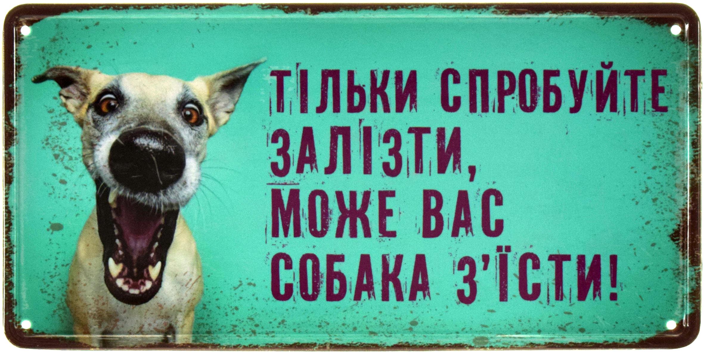 Табличка металлическая "Тільки Спробуйте Залізти, Може Вас Собака З'їсти" 15x30 см