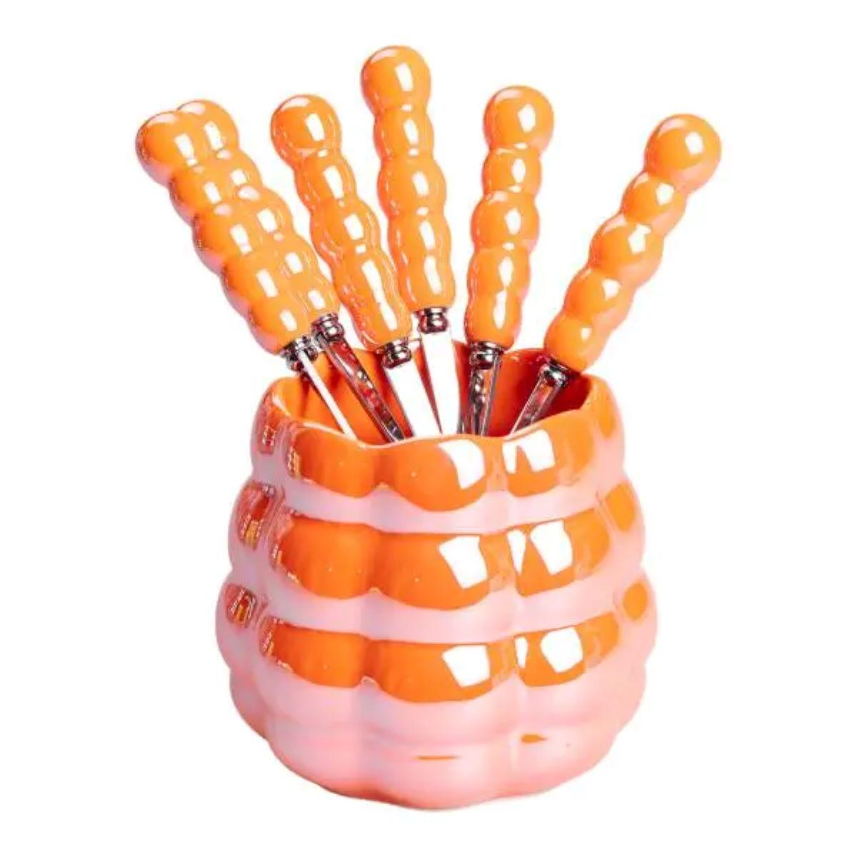 Набір десертних виделок і ложок на 3 персони з підставкою 7 пр. Помаранчевий - фото 3 Набір десертних виделок і ложок на 3 персони з підставкою 7 пр. Помаранчевий - фото 3