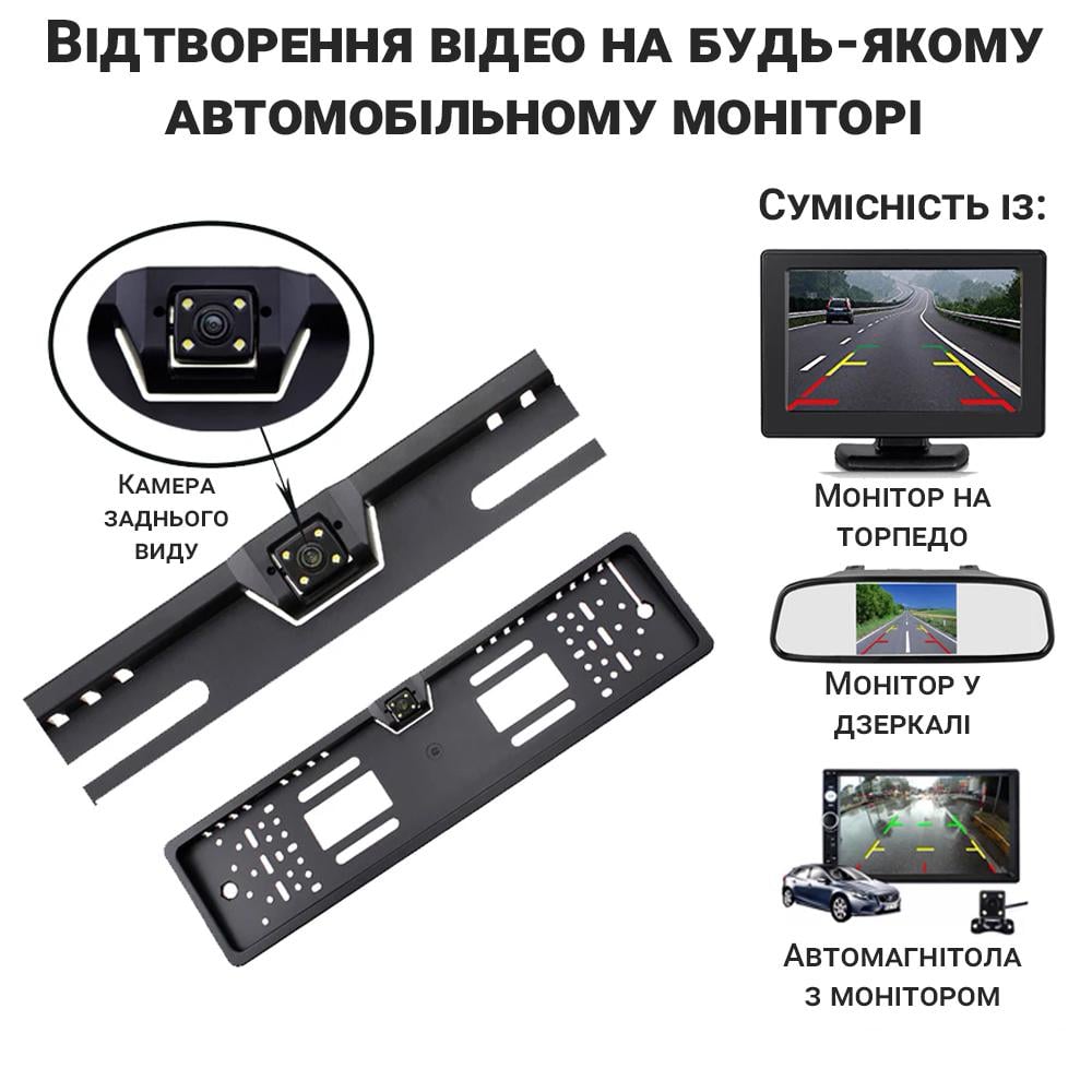 Камера заднего вида в номерном знаке Podofo K0230P с подсветкой и поворотным механизмом IP68 170° - фото 6