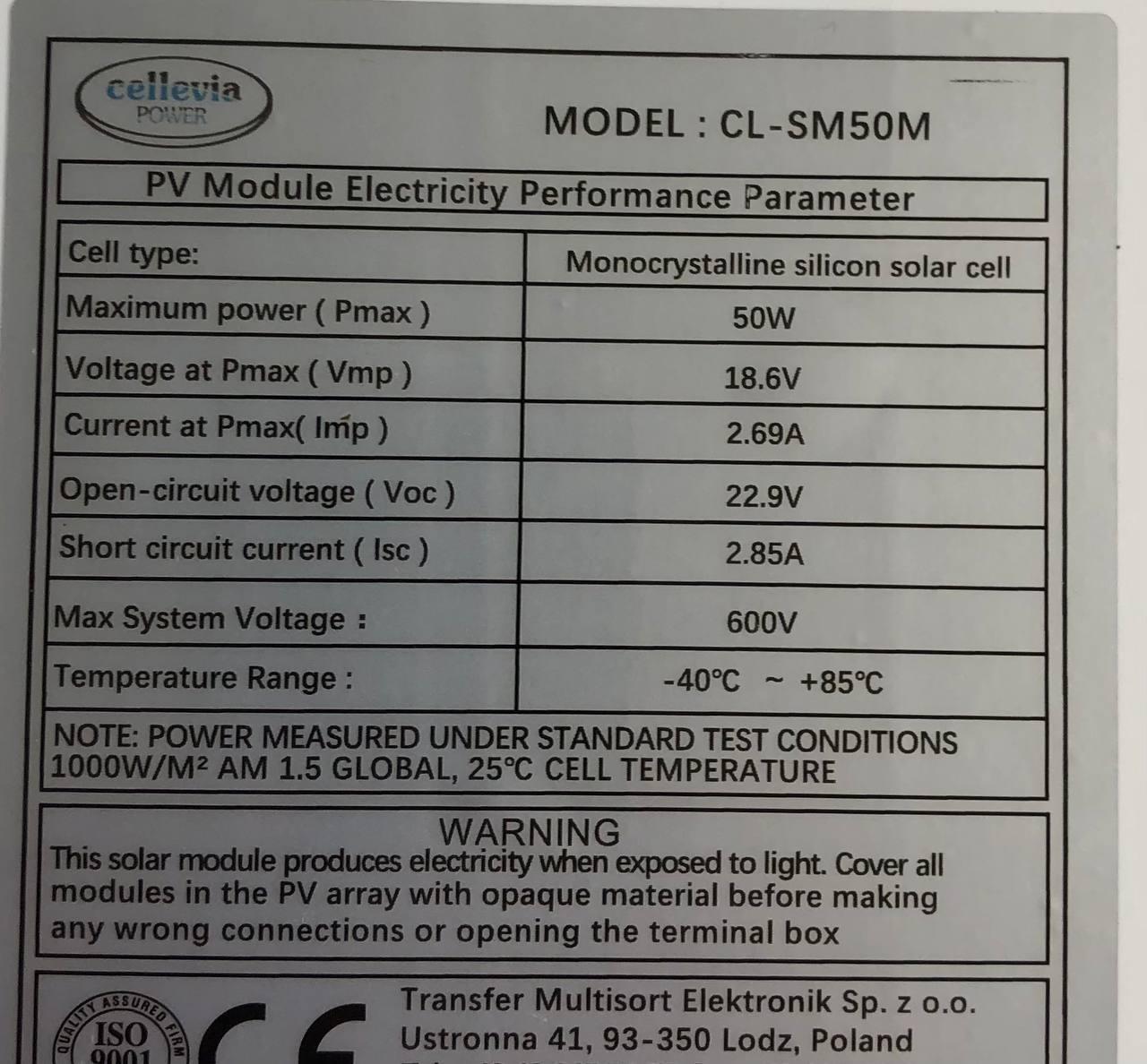 Солнечная панель-батарея Cellevia Power монокристалл 50 W 18 V 610х510х30 мм - фото 2