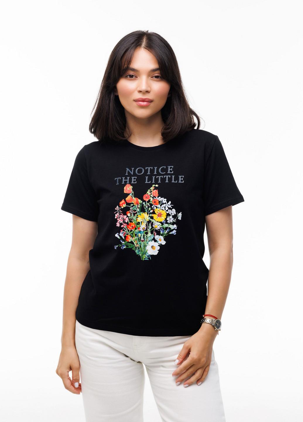 Футболка женская Наталюкс Цветы L Черный (4129103290941)