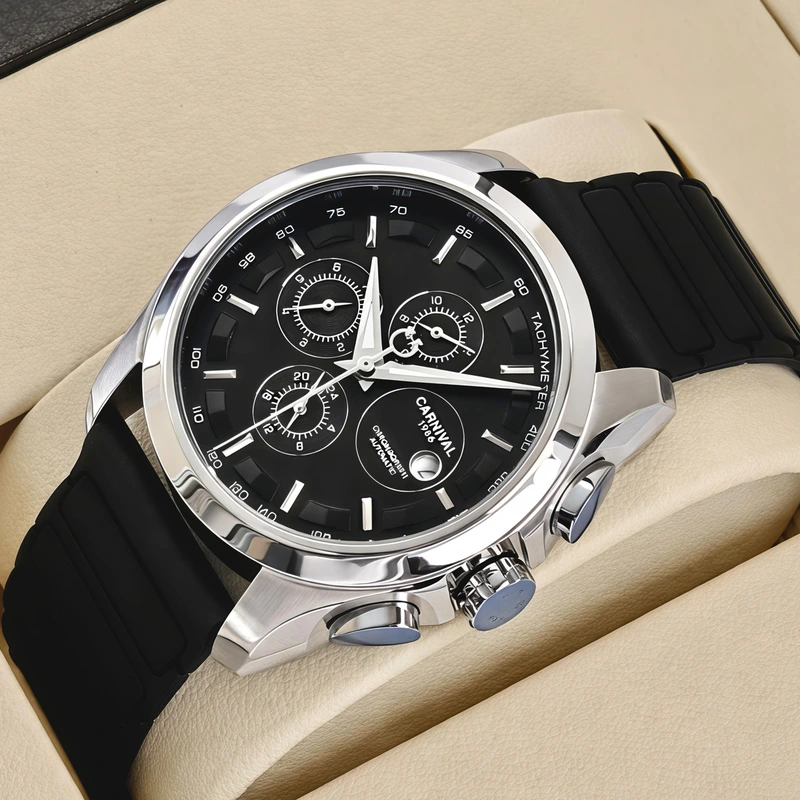 Годинник чоловічий механічний Carnival Genius Prestige 2 ремінці Black