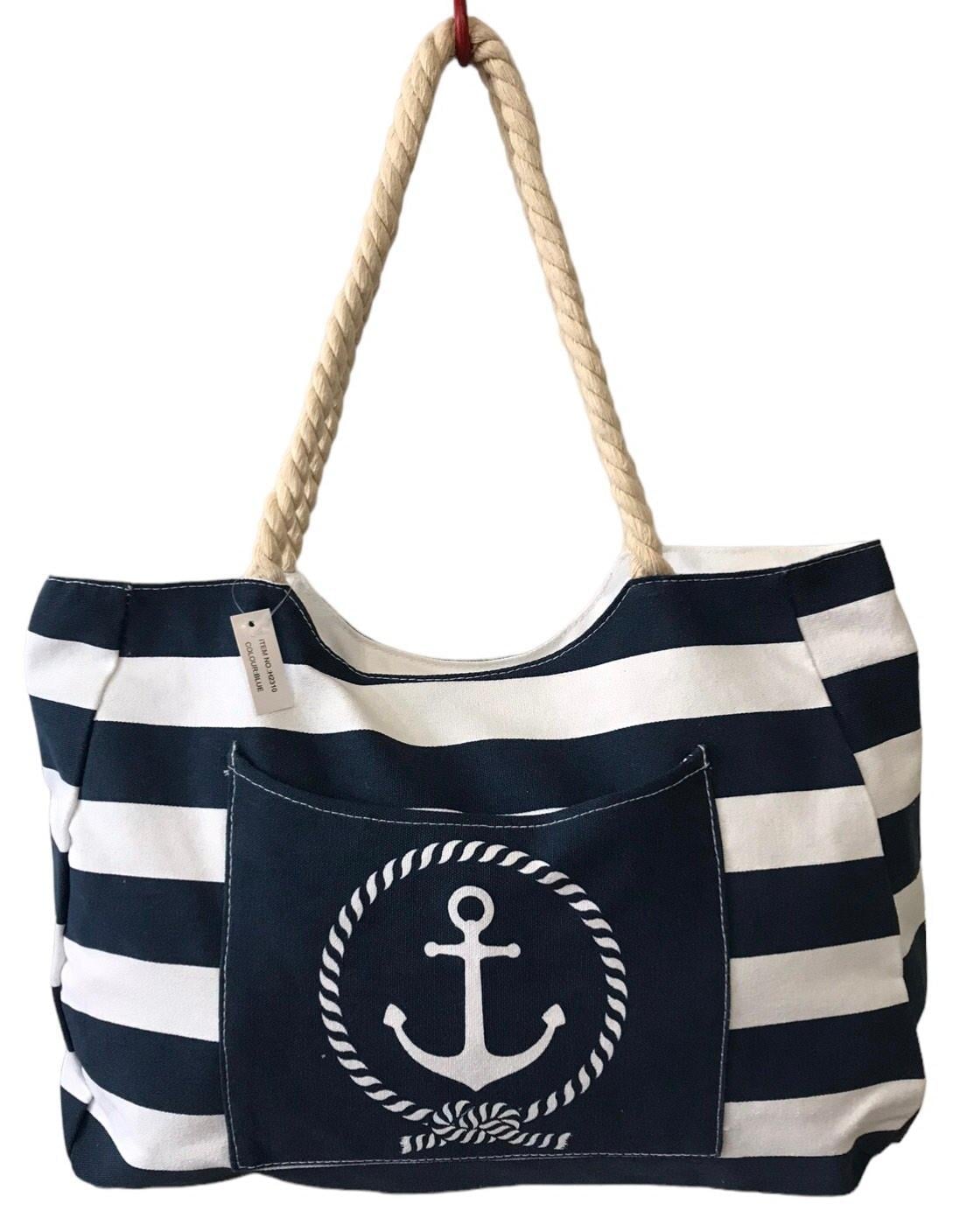 Сумка пляжная женская летняя из ткани на молнии в полоску Бело-синий (H2310)