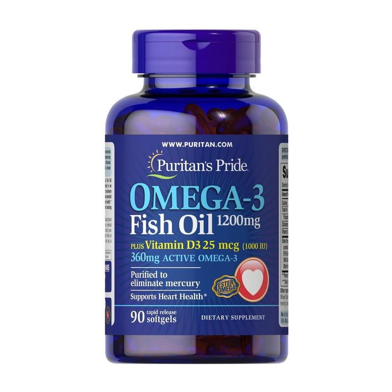 Риб'ячий жир Puritan's Pride Omega-3 Fish Oil plus Vitamin D3 1000 IU 1200 мг 90 капс. (10712-01)