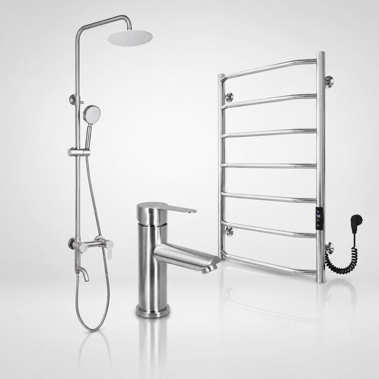 Комплект для ванної кімнати Brinex Pure Nickel 3в1 душова система на 3 режими/змішувач для раковини та електрична рушникосушарка Ava
